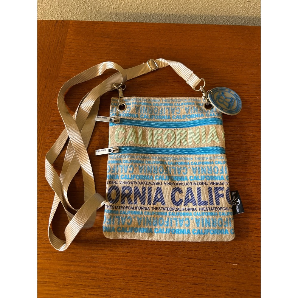 Robin Ruth California Canvas Crossbody Bag Blue Tan Souvenir Travel Pouch